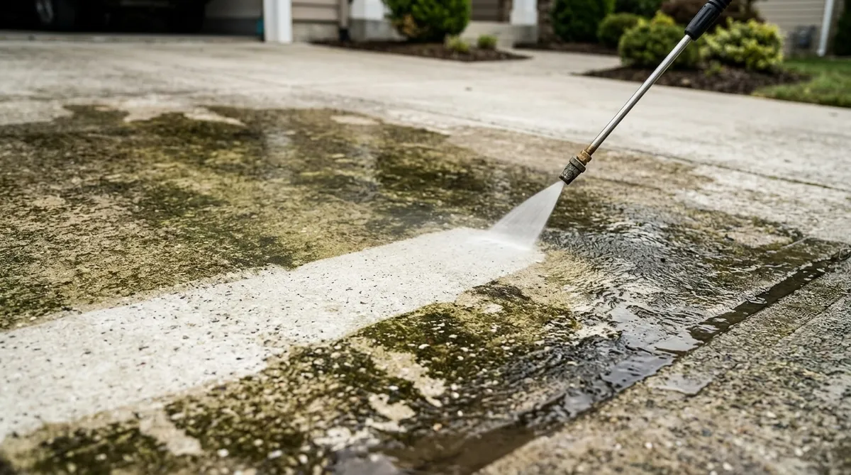 cleaning driveway with pressure washer