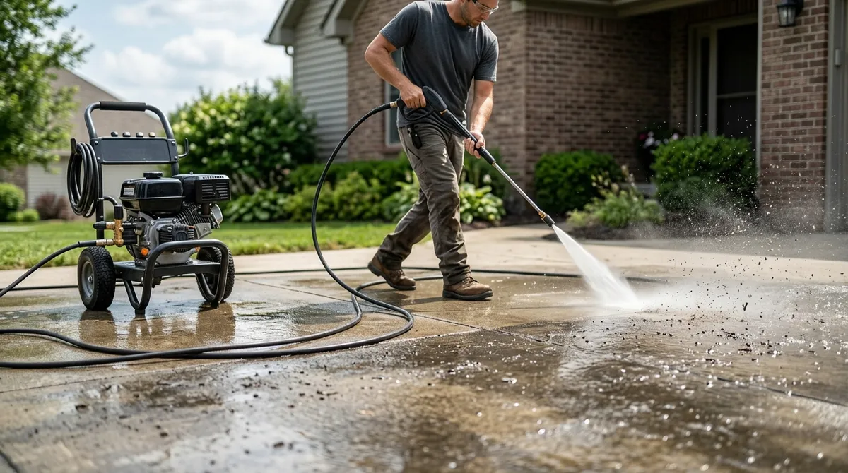 cleaning driveway with pressure washer